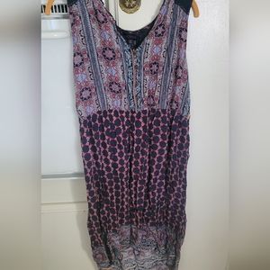 Plus size Artesia dress, high/low hem, navy crochet shoulder and upper back.